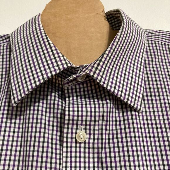 Lands End White Purple Black Gingham Cotton Button Down Long Sleeves Men 16.5 - Picture 6 of 12
